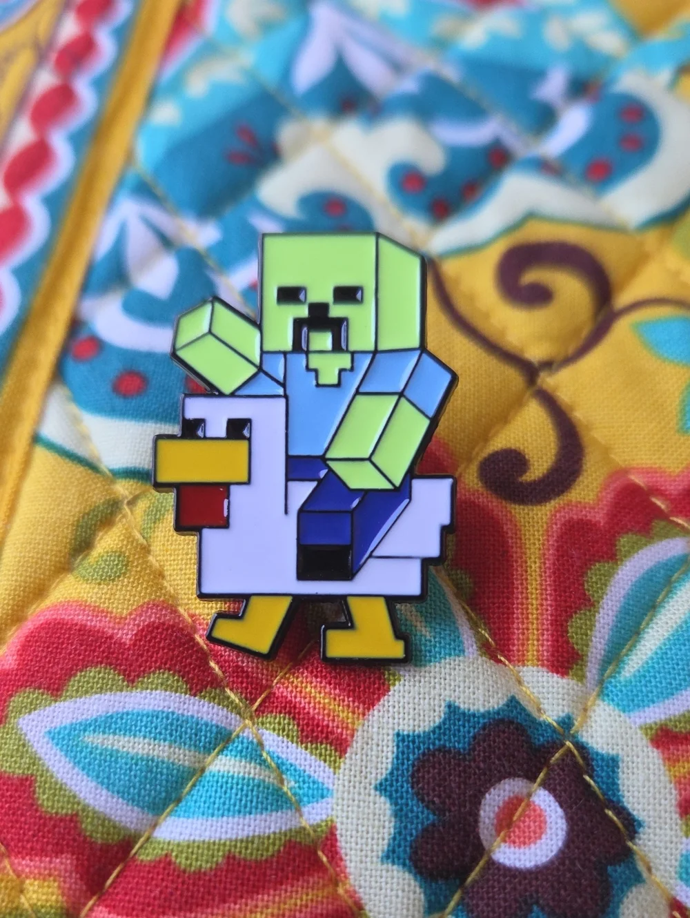 Pixel Creeper Riding White Duck Enamel Pin - Green & White